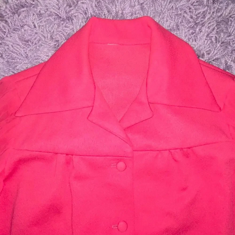 M Hot Pink VTG Button Up Long Sheer Sleeve Fitted Blazer Shirt Dress Pleated Top